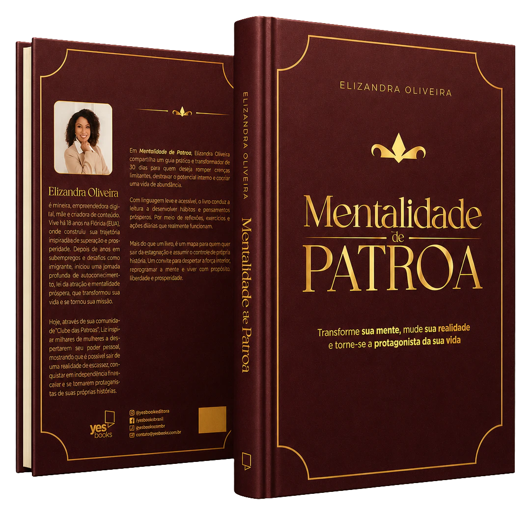 Mockup sem fundo dos livros Mentalidade de Patroa, mostrando capa, lombada e quarta capa